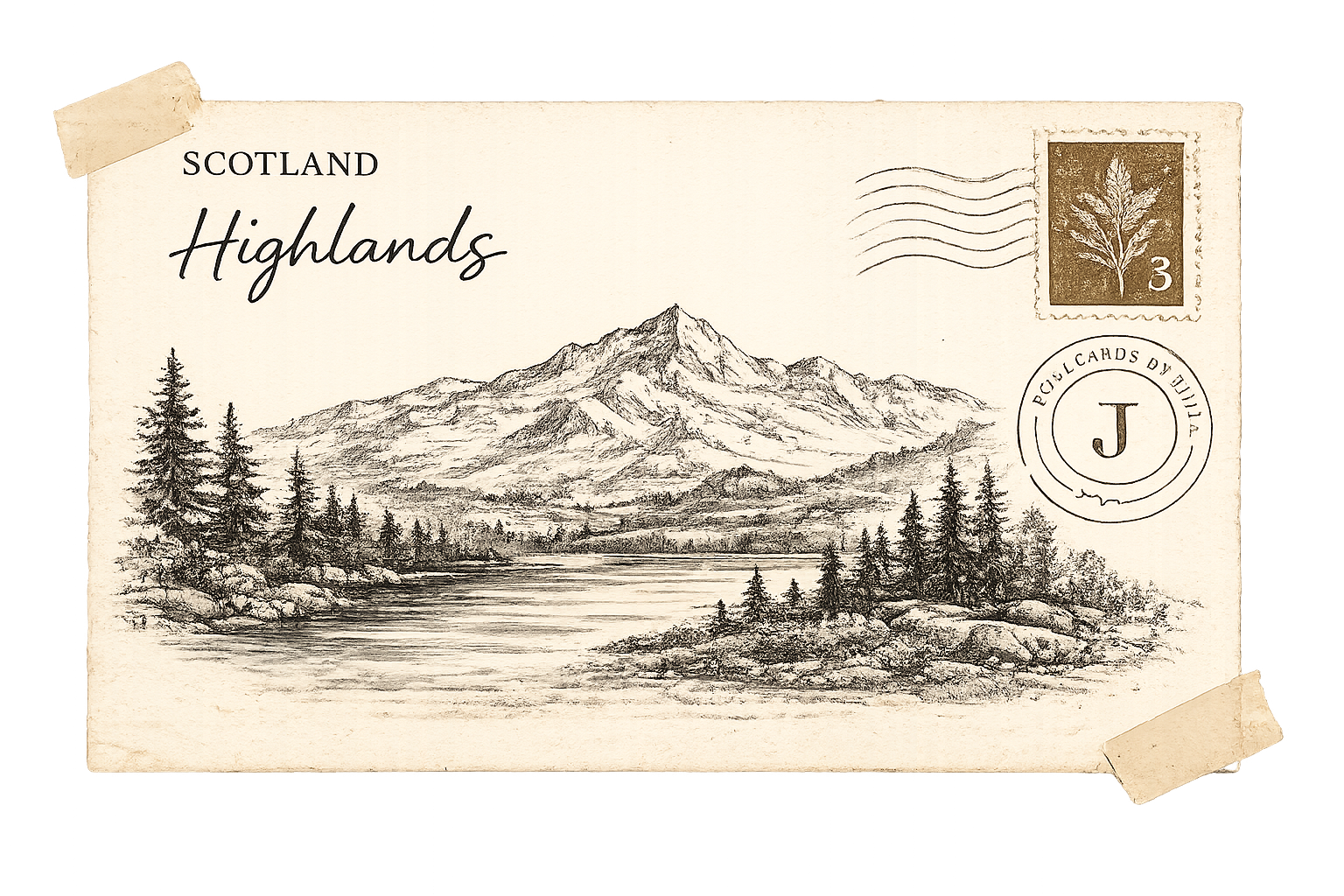 Illustrierte Postkarte aus den Highlands